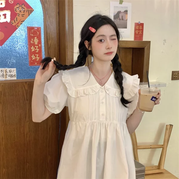 娃娃领初恋连衣裙女夏季2023新款甜美高腰腰显瘦泡泡短袖A字裙子 - 图片 4