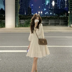 kumikumi设计感系带蕾丝花边V领短袖连衣裙女装春季小个子A字裙子