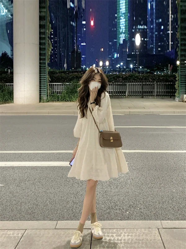 kumikumi设计感系带蕾丝花边V领短袖连衣裙女装春季小个子A字裙子