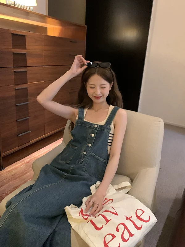 陆小团团复古港风背带牛仔裙2023年夏新款学院风连衣裙盐系裙子女 - 图片 2