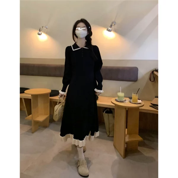 polo领针织连衣裙女秋季2023新款气质撞色中长款收腰显瘦长袖裙子 - 图片 5