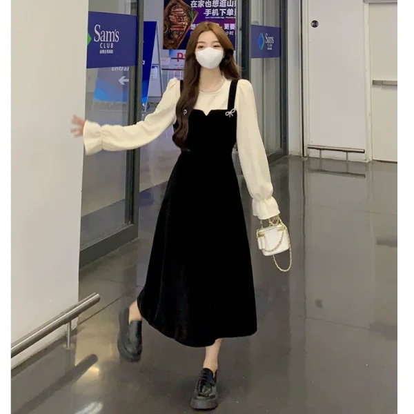 秋冬季2022年新款赫本风高级感丝绒假两件连衣裙女小个子法式裙子 - 图片 2