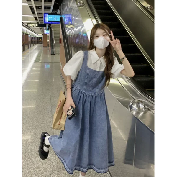 牛仔背带裙女设计感小众连衣裙夏季2022新款韩系假两件收腰长裙子 - 图片 2