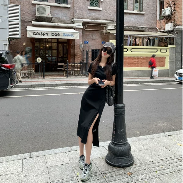 曾小咸短袖开叉连衣裙女夏季气质高级感收腰显瘦露肩辣妹t恤长裙 - 图片 5