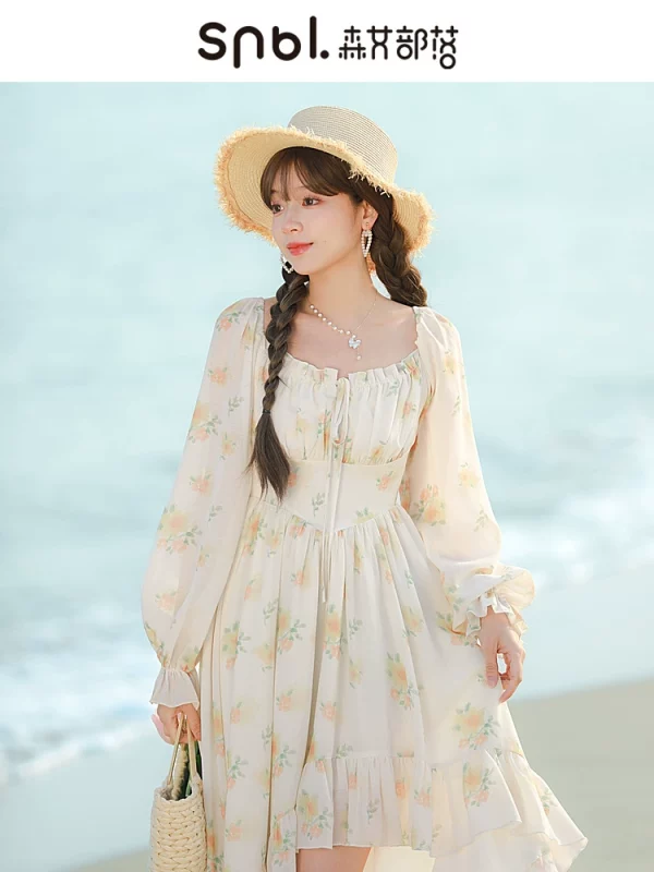 初夏花事原创森女部落不规则设计感中长款桔梗碎花裙氛围连衣裙女 - 图片 4
