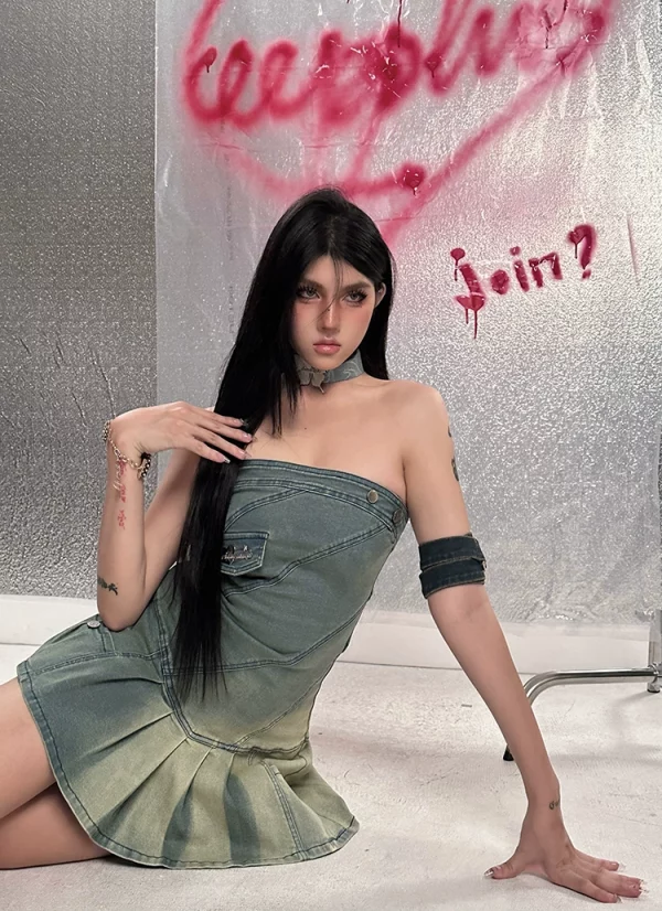 UNCMHISEX 小众原创设计美式辣妹复古水洗牛仔百褶线条连衣裙女 - 图片 5