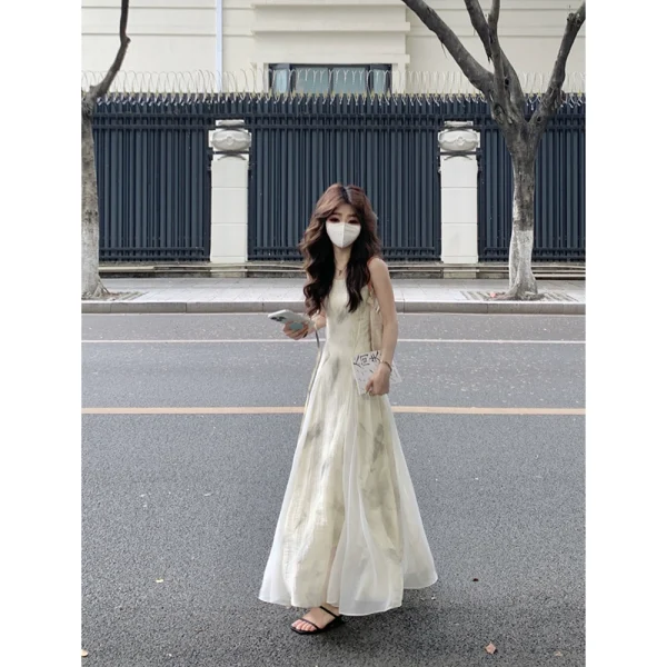 复古水墨印花吊带连衣裙女夏季高级感气质收腰显瘦大摆裙A字长裙 - 图片 4