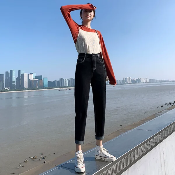 深蓝色哈伦萝卜老爹高腰牛仔女裤直筒小个子九分春秋女装2023新款 - 图片 4