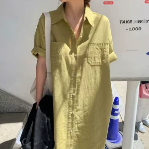韩国chic夏季简约小众翻领单排扣口袋宽松纯色短袖衬衫式洋装女