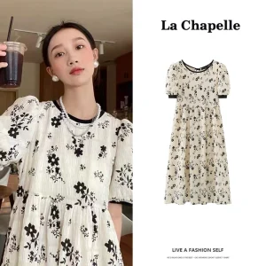 拉夏贝尔/La Chapelle夏季新款法式碎花连衣裙高腰复古短袖中长裙