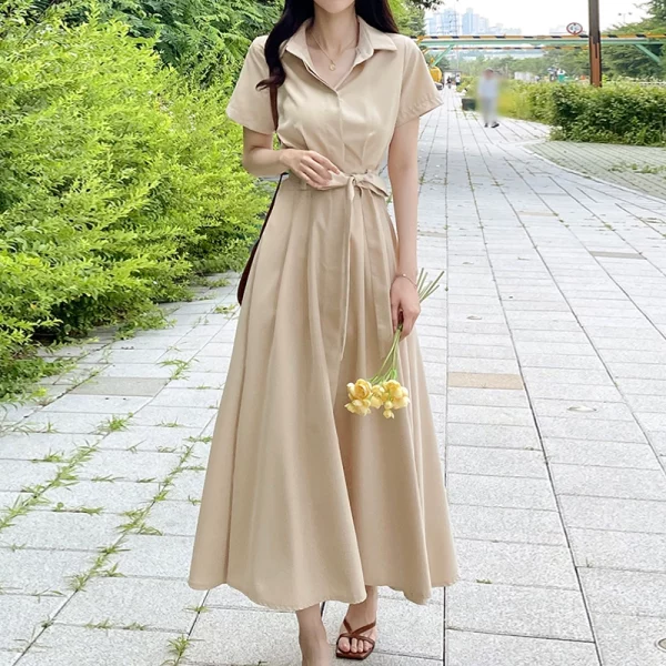 法式气质衬衫式洋装女夏季简约高级感系带收腰显瘦短袖长洋装子 - 图片 3