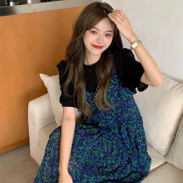 夏季2022年新款中长款套装裙子女气质显瘦小众设计碎花吊带连衣裙 - 图片 2