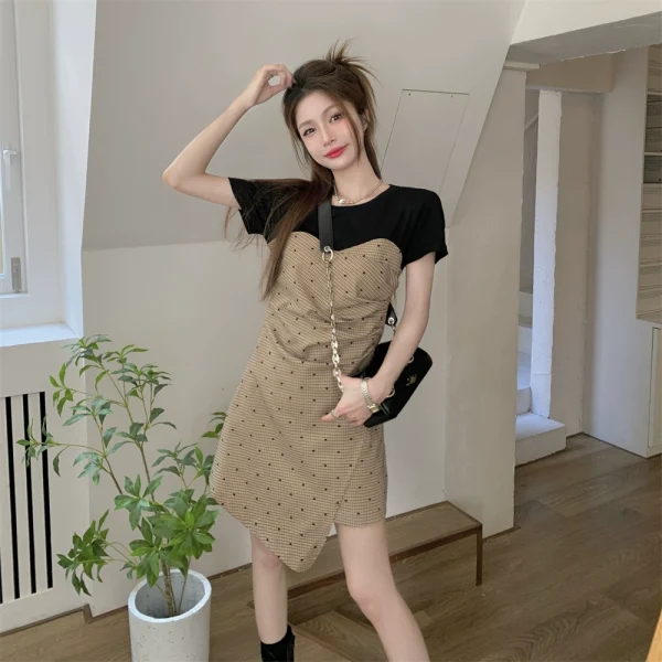 大码法式波点设计感连衣裙女夏季显瘦裙子胖mm不规则辣妹A字裙 - 图片 2