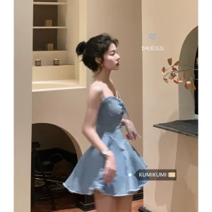 kumikumi蓝色牛仔吊带连衣裙女春夏设计感气质绑带收腰A字短裙子