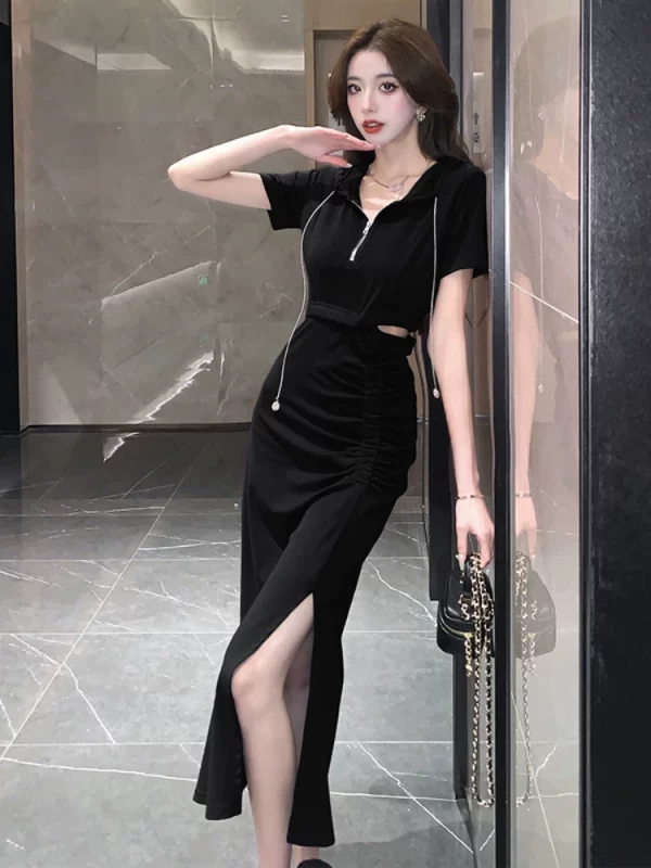 夏季新款气质短袖连帽连衣裙女设计感小心机褶皱露腰开叉包臀长裙 - 图片 4