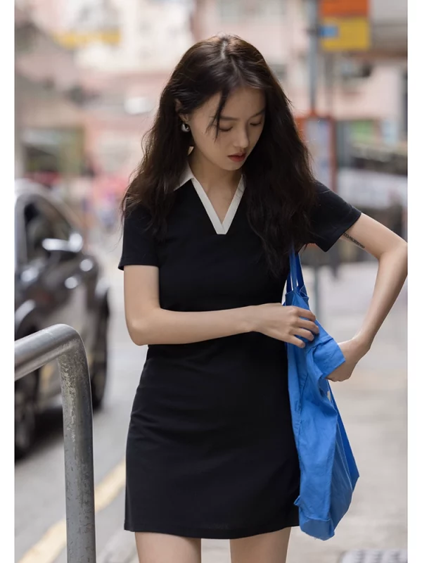 觅定学院风polo连衣裙女2023夏季新款高级感黑色小个子气质裙子 - 图片 3