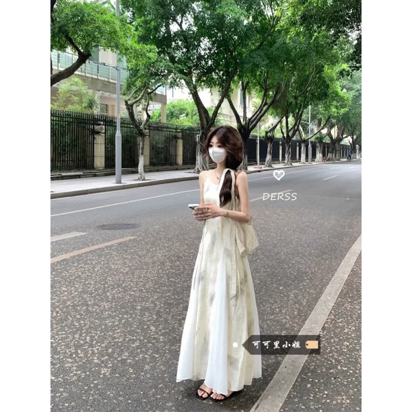 复古水墨印花吊带连衣裙女夏季高级感气质收腰显瘦大摆裙A字长裙