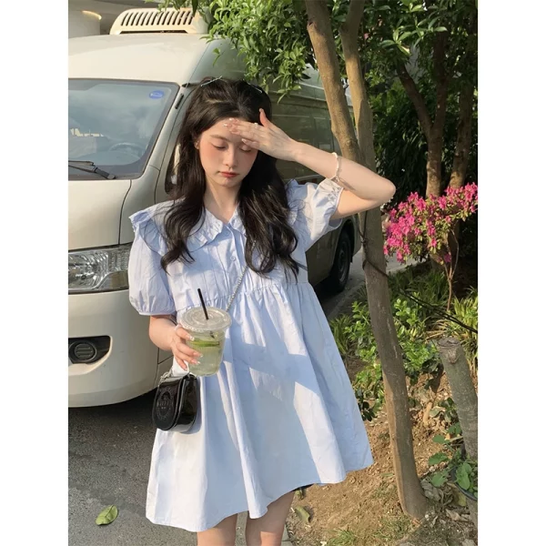 娃娃领初恋连衣裙女夏季2023新款甜美高腰腰显瘦泡泡短袖A字裙子 - 图片 5