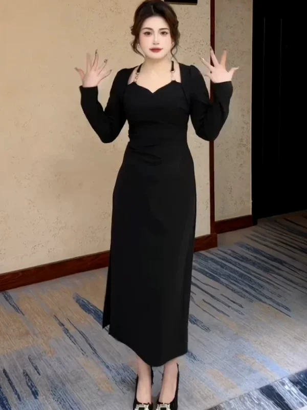 大码法式高级感方领露肩收腰长裙子女春秋胖mm显瘦内搭开叉连衣裙 - 图片 2