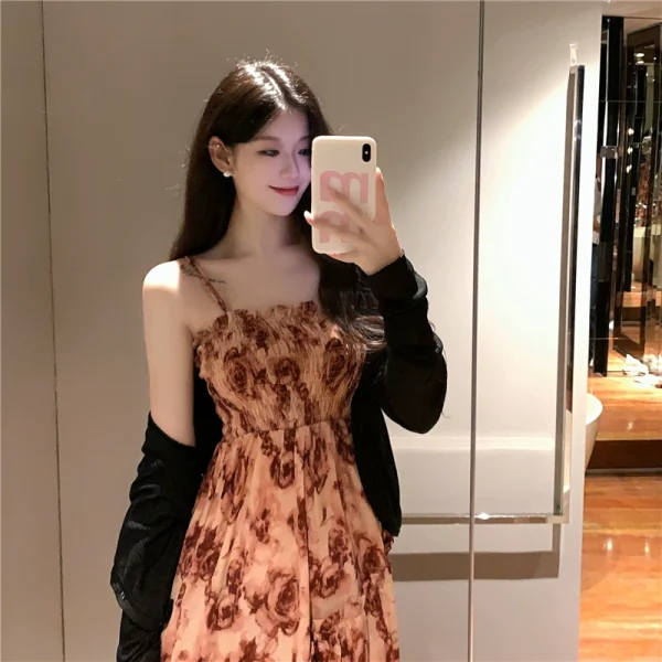 大码法式碎花吊带连衣裙外搭罩衫胖mm显瘦裙子女2024新款夏季长裙 - 图片 2