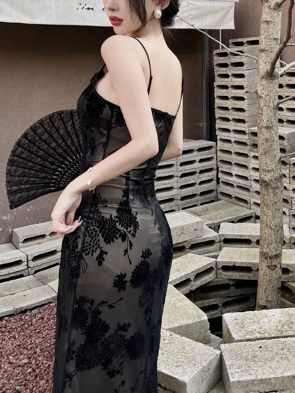 Mimo dk午夜繁花 法式复古黑色蕾丝连衣裙女高端高级感气质吊带裙 - 图片 3