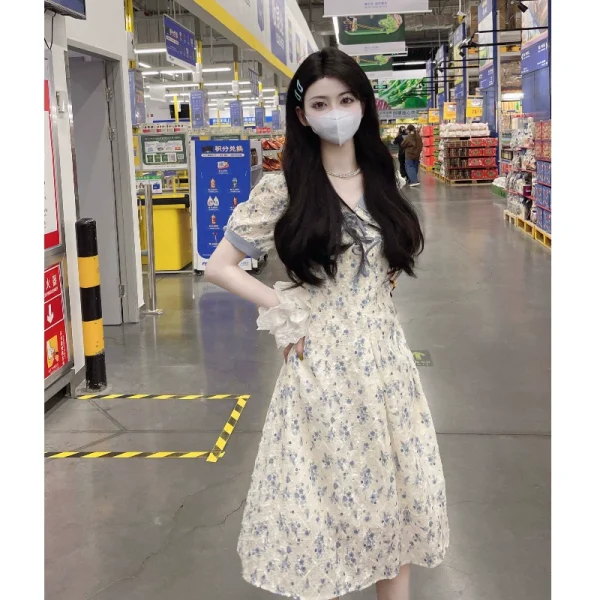 法式雪纺碎花连衣裙2022新款女夏季甜美娃娃领长裙设计感显瘦裙子 - 图片 4