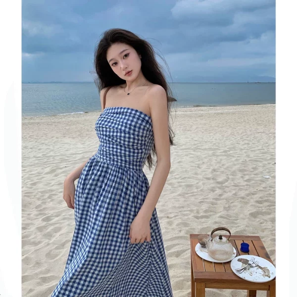 夏季格子吊带抹胸连衣裙女法式高级感复古气质收腰显瘦度假长裙子 - 图片 5
