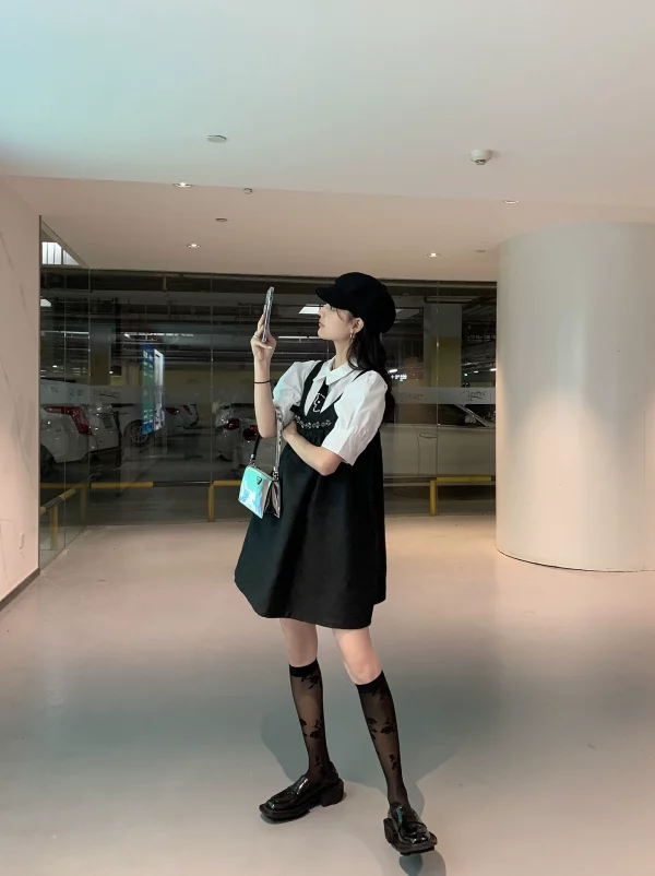 ddgirl 蓬蓬小黑裙/小心机减龄小众设计感背带黑色蓬蓬显瘦连衣裙