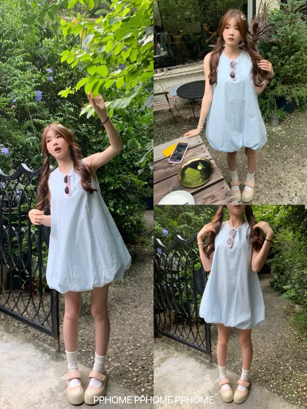 PPHOME自制~甜妹出游记 花苞裙夏季可爱圆领背心裙蓬蓬背心连衣裙 - 图片 3