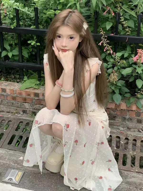 法式不规则碎花吊带连衣裙女方领超仙初恋系茶歇高级感A字长裙子 - 图片 2