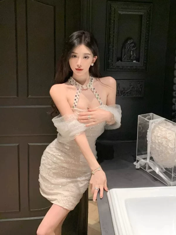 法式网纱重工party晚礼服女高级性感名媛气质亮片镶钻挂脖连衣裙 - 图片 4