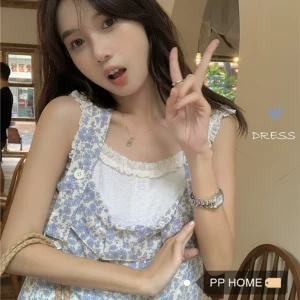 PPHOME淡雅小妹~温柔清新碎花裙夏季甜美奶油花边吊带连衣裙长裙