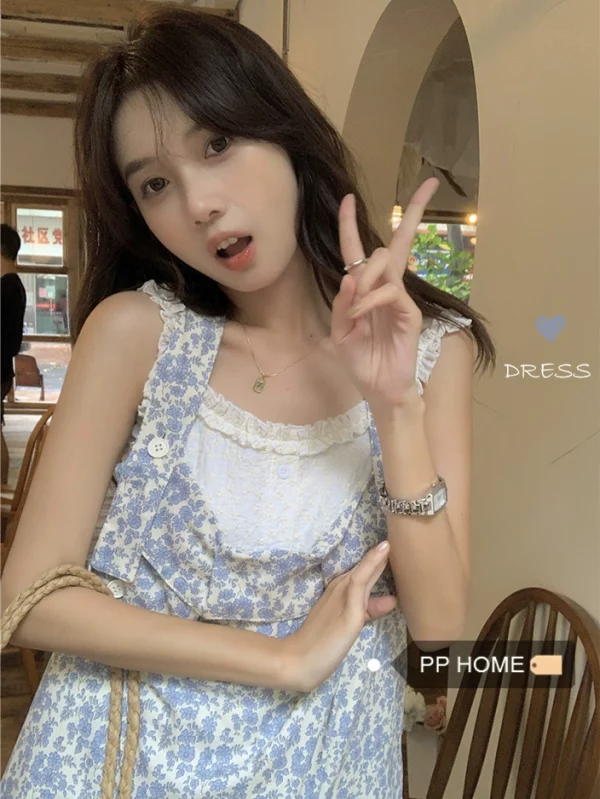 PPHOME淡雅小妹~温柔清新碎花裙夏季甜美奶油花边吊带连衣裙长裙