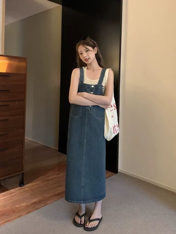 陆小团团复古港风背带牛仔裙2023年夏新款学院风连衣裙盐系裙子女 - 图片 4