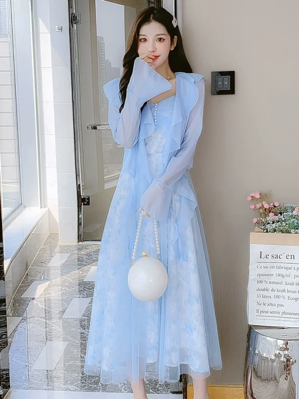蓝色百褶雪纺吊带无袖连衣裙女夏季法式高级感外搭时尚气质防晒衣 - 图片 4