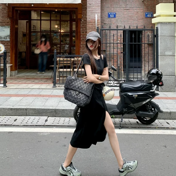 曾小咸短袖开叉连衣裙女夏季气质高级感收腰显瘦露肩辣妹t恤长裙 - 图片 3