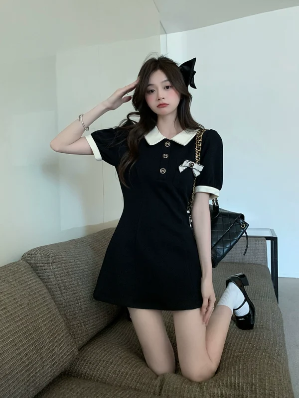 PPHOME黑甜女主~撞色Polo领连衣裙蝴蝶结收腰显瘦泡泡短袖T恤短裙 - 图片 2