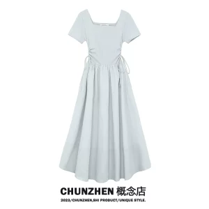 CHUNZHEN 法式方领抽绳连衣裙女夏季2023年新款收腰气质少女长裙