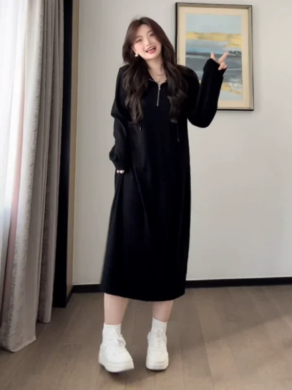 大码针织连帽卫衣连衣裙秋冬新款胖mm显瘦长袖打底内搭毛衣小裙子 - 图片 3