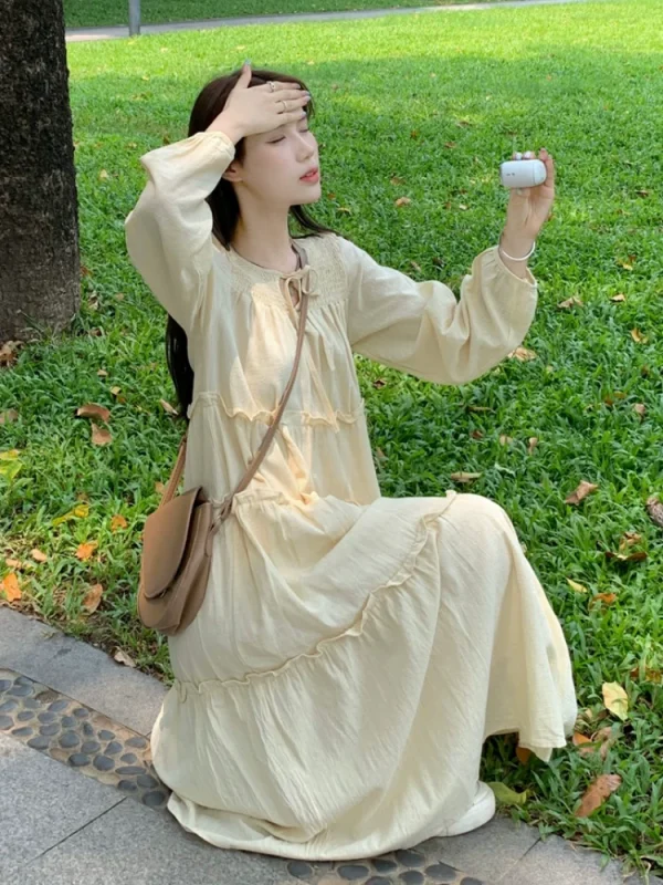 春季2023年新款宽松小个子裙子女装甜美长款蛋糕裙气质茶歇连衣裙 - 图片 4