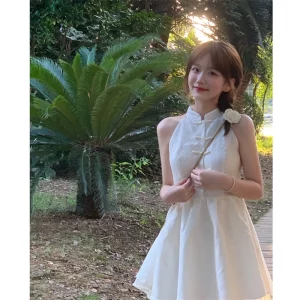 国风新中式复古立领盘扣连衣裙春季2024新款气质少女感无袖短裙女
