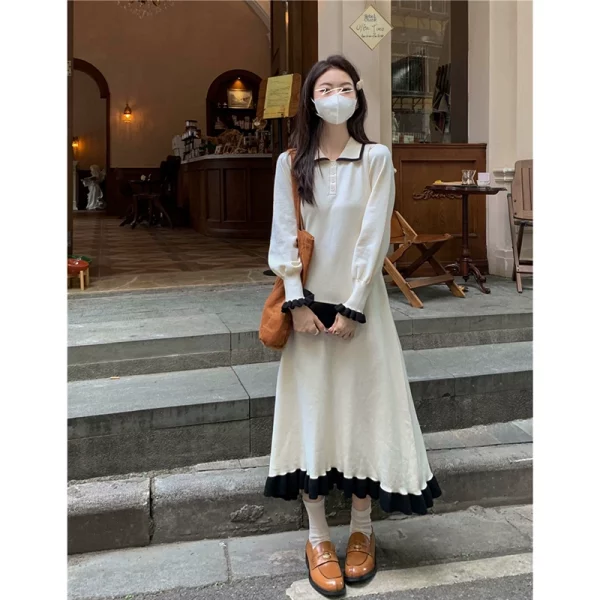 polo领针织连衣裙女秋季2023新款气质撞色中长款收腰显瘦长袖裙子 - 图片 4