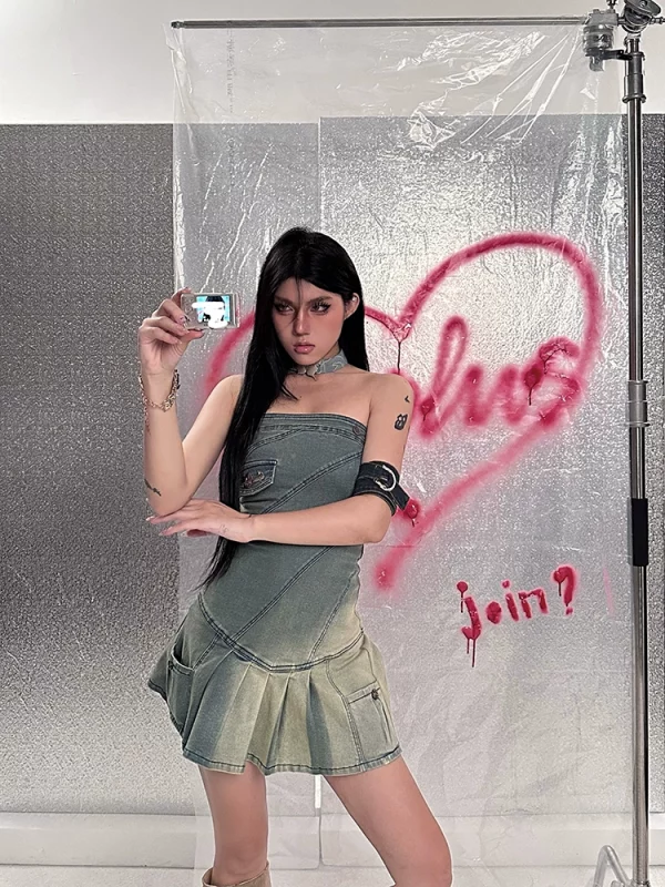 UNCMHISEX 小众原创设计美式辣妹复古水洗牛仔百褶线条连衣裙女 - 图片 3