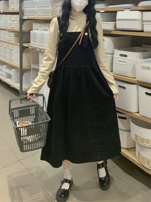 洋气冬季背带裙灯芯绒连衣裙女秋冬叠穿套装2022年新款中长款裙子 - 图片 5