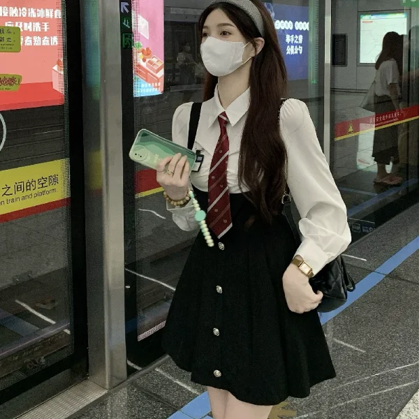 大码微胖法式假两件学院风连衣裙女秋季新款胖mm收腰显瘦遮肚裙子 - 图片 5