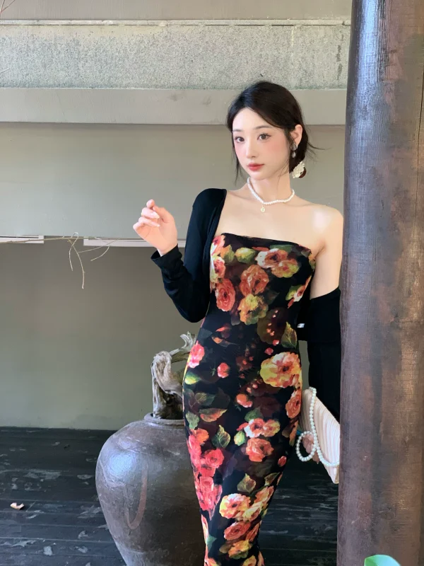 复古纯欲油画花朵网纱拼接设计抹胸高弹力长款连衣裙黑开衫两件套 - 图片 3