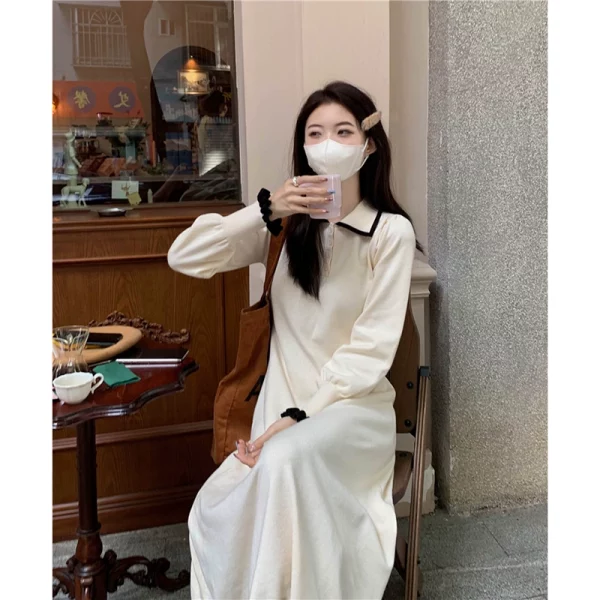 polo领针织连衣裙女秋季2023新款气质撞色中长款收腰显瘦长袖裙子 - 图片 2