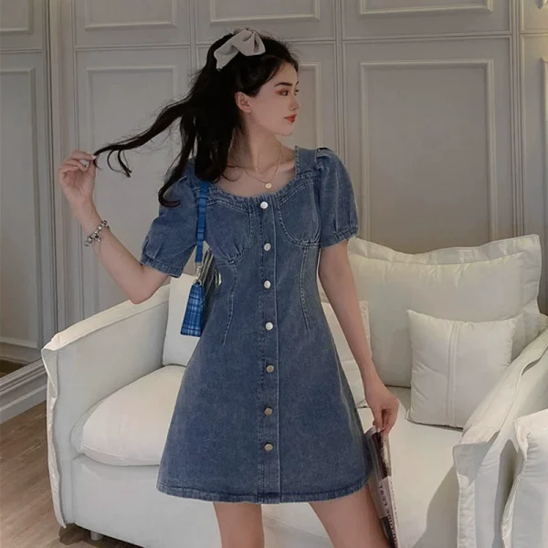 牛仔连衣裙女夏法式小众气质收腰小个子泡泡袖长短款裙子大码短袖