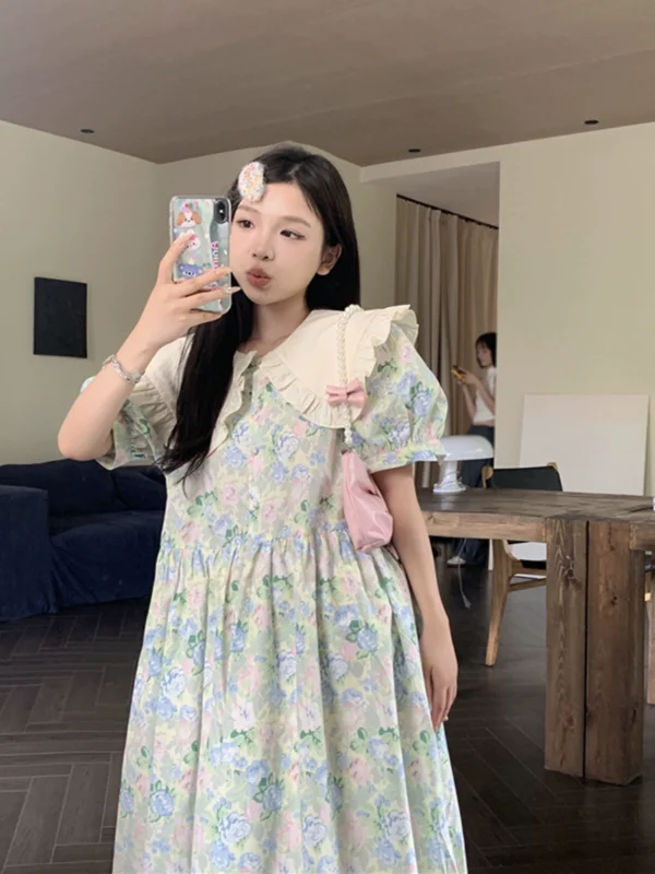 温柔风娃娃领碎花连衣裙女夏季新款法式减龄小个子泡泡袖中长裙子 - 图片 3