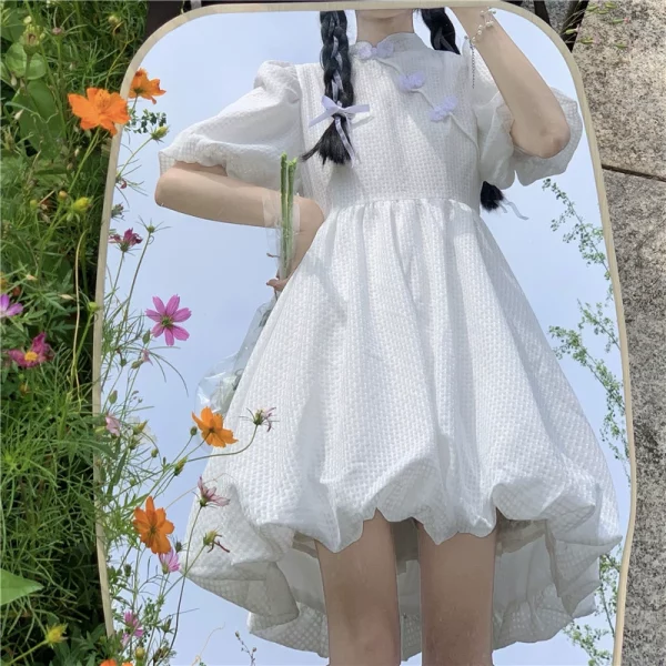 复古改良旗袍蓬蓬裙连衣裙女夏季泡泡袖灯笼裙可爱甜美盘扣小裙子 - 图片 3